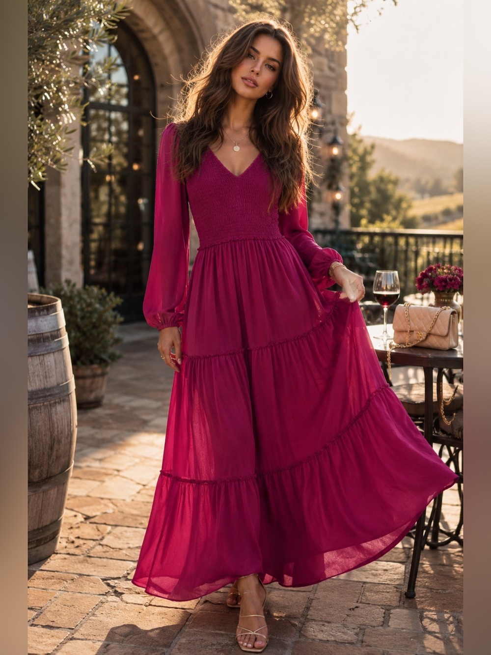 Berry Bliss Maxi Dress by Andree By Unit Smocked Long Sleeve Vacation S-L New